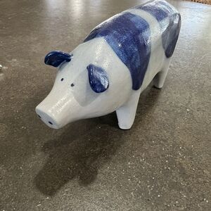 VTG Signed David ELDRETH SALT GLAZED Stonewear Pig COBALT BLUE ON GRAY